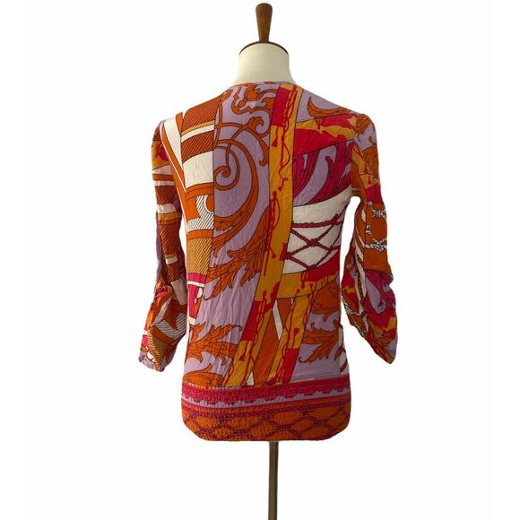 Hale Bob Silk Blouse Roll Tab Sleeves Tie Neck Pullover Top XXS - Picture 3 of 8